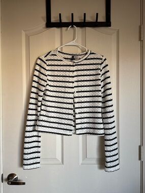 H&M White and Black Striped Cropped Button Cardigan